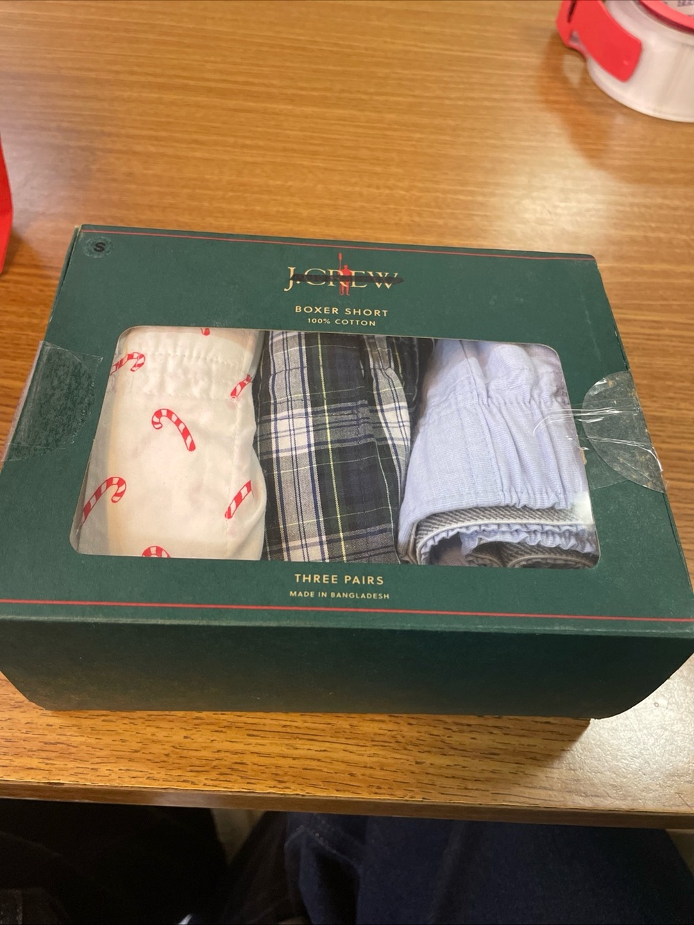 J. Crew Men's 3-Pack Cotton Boxers - White Candy Cane / Green Plaid / Light Blue
